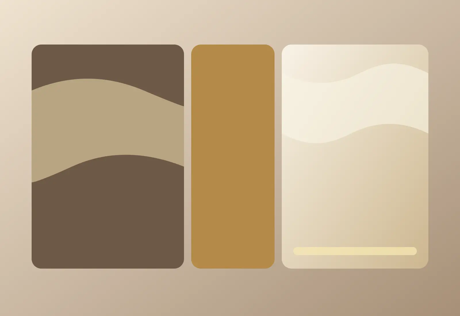 Obraz charakteryzuje się horyzontalnym układem o proporcjach boków zbliżonych do 3:2, prezentując minimalistyczną grafikę w stonowanej palecie barw ziemi. Kompozycja składa się z trzech pionowych prostokątów o zaokrąglonych rogach, umieszczonych centralnie na gradacyjnym tle w odcieniu kawy z mlekiem. Pierwszy element po lewej stronie posiada faliste, abstrakcyjne linie w odcieniach ciemnego brązu i beżu, co nadaje mu organicznego charakteru. Środkowy segment to jednolity blok o barwie nasyconego ochry, kontrastujący z pozostałymi elementami. Ostatni prostokąt po prawej stronie utrzymany jest w jasnej, kremowej kolorystyce z delikatnym falowaniem w górnej części oraz cienką poziomą linią u dołu, co dopełnia spójną estetykę tego nowoczesnego projektu graficznego.